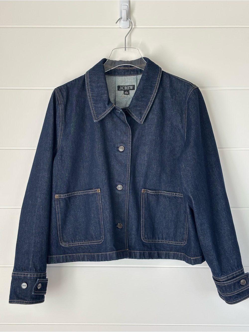 J. Crew Denim Barn Jacket Cropped in Denim Rinse Women's Size Large - Picture 2 of 14